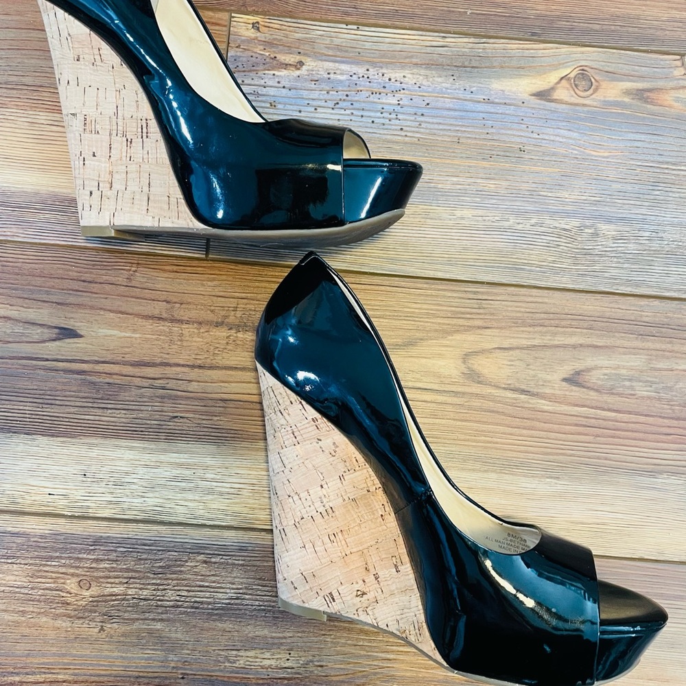 Jessica Simpson Bethani Peep Toe Sexy Cork Patent Wedges Black Womens Size 8 - Picture 4 of 5